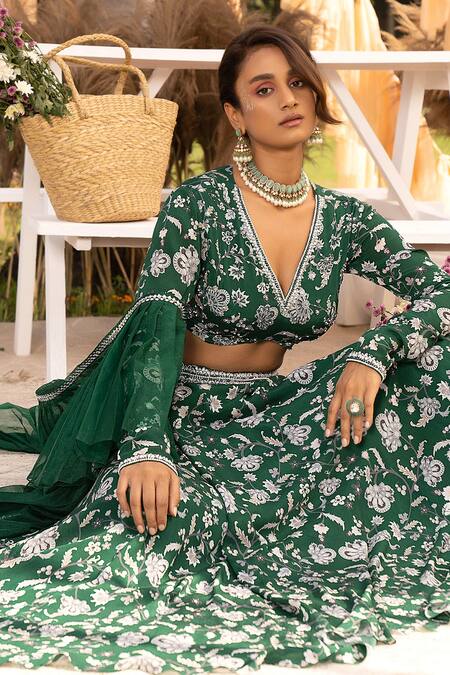 Shop Chhavvi Aggarwal Green Crepe, Organza Sequins, Embroidery V-neck Floral Print Lehenga Set Online at Aza Fashions Shop_Chhavvi Aggarwal_Green Crepe, Organza Sequins, Embroidery V-neck Floral Print Lehenga Set _Online_at_Aza_Fashions