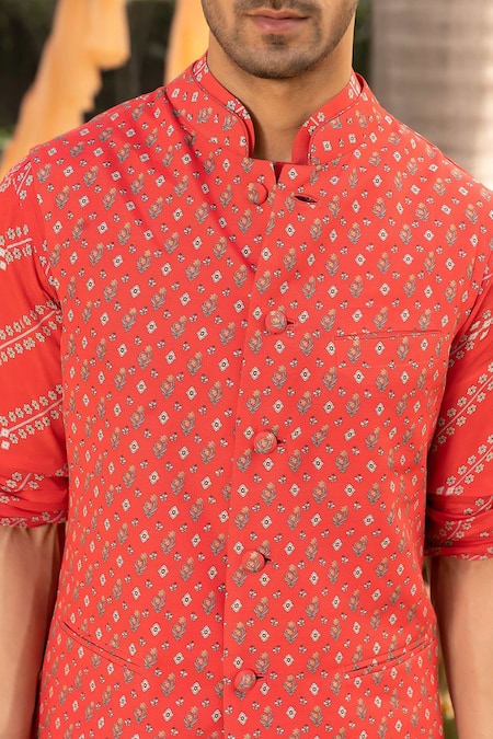 Buy Chhavvi Aggarwal Red Crepe, Cotton Tulip Motif Print Bundi Kurta Set Online at Aza Fashions Buy_Chhavvi Aggarwal_Red Crepe, Cotton Tulip Motif Print Bundi Kurta Set _Online_at_Aza_Fashions