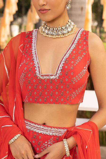 Chhavvi Aggarwal Red Crepe, Net Beads, Sequins V-neck Stripe Print Lehenga Set Online at Aza Fashions Chhavvi Aggarwal_Red Crepe, Net Beads, Sequins V-neck Stripe Print Lehenga Set _Online_at_Aza_Fashions