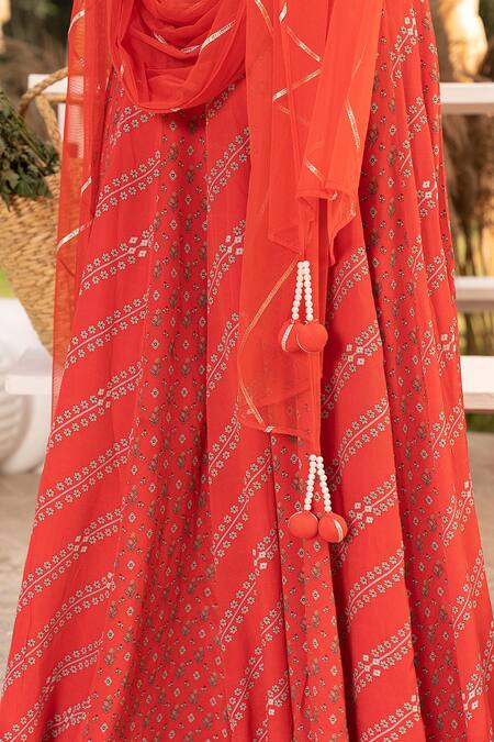 Buy Chhavvi Aggarwal Red Crepe, Net Beads, Sequins V-neck Stripe Print Lehenga Set Online at Aza Fashions Buy_Chhavvi Aggarwal_Red Crepe, Net Beads, Sequins V-neck Stripe Print Lehenga Set _Online_at_Aza_Fashions