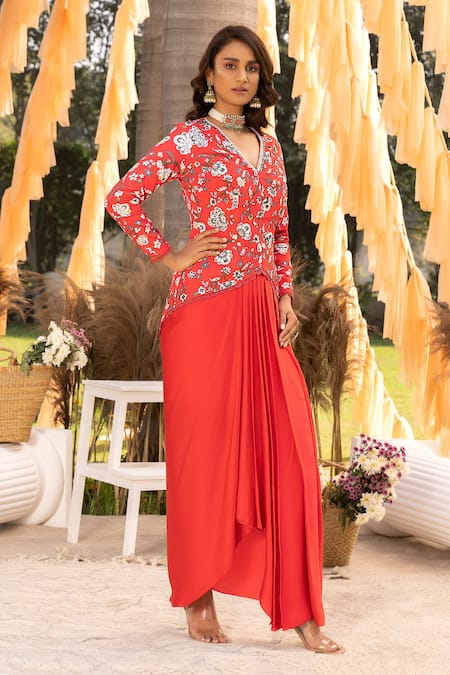 Chhavvi Aggarwal Red Crepe, Bamboo Sequins, Beads, Floral Print Jacket And Draped Skirt Set Online at Aza Fashions Chhavvi Aggarwal_Red Crepe, Bamboo Sequins, Beads, Floral Print Jacket And Draped Skirt Set _Online_at_Aza_Fashions