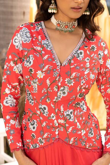 Shop Chhavvi Aggarwal Red Crepe, Bamboo Sequins, Beads, Floral Print Jacket And Draped Skirt Set Online at Aza Fashions Shop_Chhavvi Aggarwal_Red Crepe, Bamboo Sequins, Beads, Floral Print Jacket And Draped Skirt Set _Online_at_Aza_Fashions