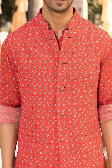 Chhavvi Aggarwal Red Crepe, Cotton Floral Butti Printed Bundi Kurta Set Online at Aza Fashions Chhavvi Aggarwal_Red Crepe, Cotton Floral Butti Printed Bundi Kurta Set _Online_at_Aza_Fashions