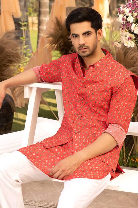 Buy Chhavvi Aggarwal Red Crepe, Cotton Floral Butti Printed Bundi Kurta Set Online at Aza Fashions Buy_Chhavvi Aggarwal_Red Crepe, Cotton Floral Butti Printed Bundi Kurta Set _Online_at_Aza_Fashions