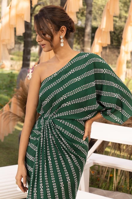 Shop Chhavvi Aggarwal Green Crepe One Shoulder Stripe Print Draped Dress Online at Aza Fashions Shop_Chhavvi Aggarwal_Green Crepe One Shoulder Stripe Print Draped Dress _Online_at_Aza_Fashions