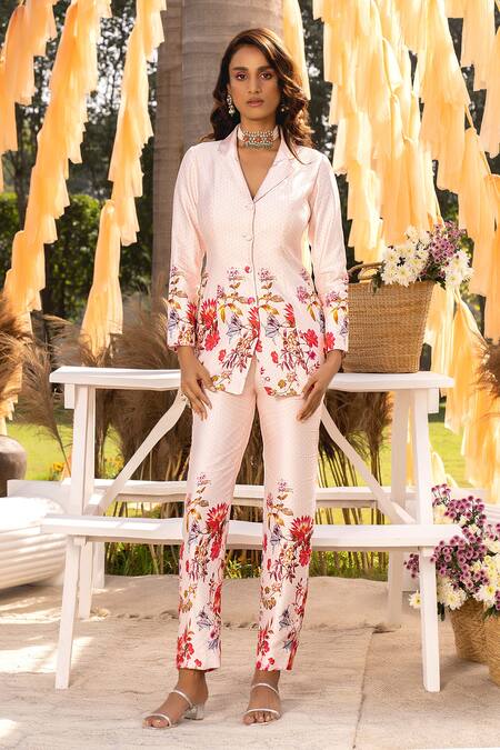 Chhavvi Aggarwal Off White Modal, Satin Embroidery Printed Blazer And Pant Set Online at Aza Fashions Chhavvi Aggarwal_Off White Modal, Satin Embroidery Printed Blazer And Pant Set _Online_at_Aza_Fashions