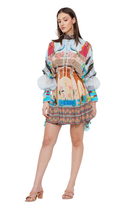 Limerick By Abirr N' Nanki_Multi Color Organza, Crepe Miniature Mughal Pattern Chiara Pots Printed Dress _Online_at_Aza_Fashions