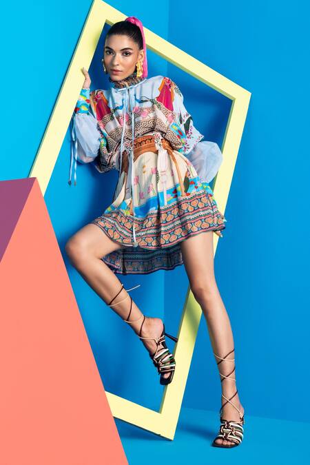 Buy_Limerick By Abirr N' Nanki_Multi Color Organza, Crepe Miniature Mughal Pattern Chiara Pots Printed Dress _Online_at_Aza_Fashions