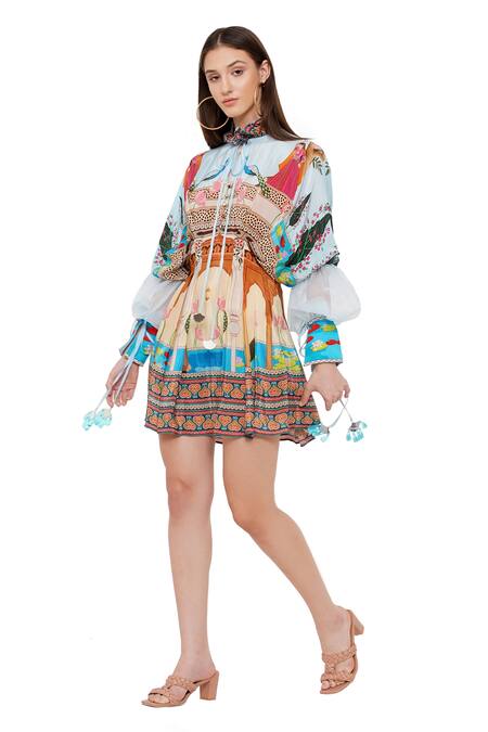 Shop_Limerick By Abirr N' Nanki_Multi Color Organza, Crepe Miniature Mughal Pattern Chiara Pots Printed Dress _Online_at_Aza_Fashions