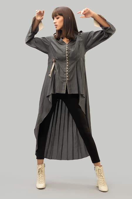 Chillosophy Grey Cotton Silk V Neck Asymmetric Tunic  