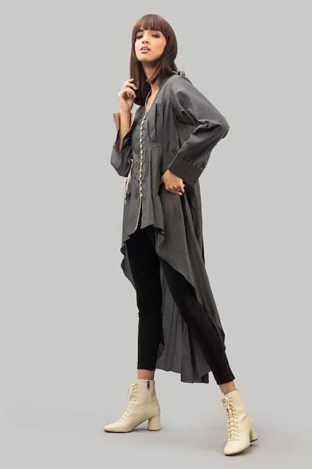 Buy Chillosophy Grey Cotton Silk V Neck Asymmetric Tunic Online at Aza Fashions Buy_Chillosophy_Grey Cotton Silk V Neck Asymmetric Tunic_Online_at_Aza_Fashions