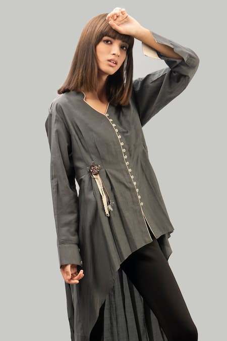 Shop Chillosophy Grey Cotton Silk V Neck Asymmetric Tunic Online at Aza Fashions Shop_Chillosophy_Grey Cotton Silk V Neck Asymmetric Tunic_Online_at_Aza_Fashions