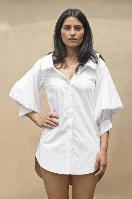 Chillosophy White Cotton Poplin Spread Collar Shirt Dress 