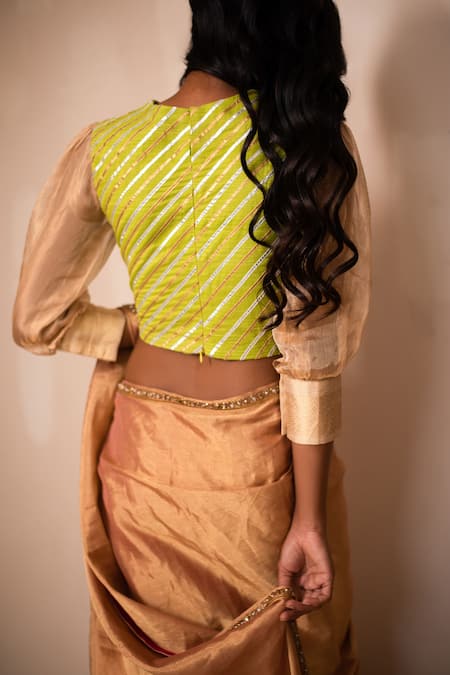 Shop Priyanka Raajiv Gold Geometric Round Chinayi Upcycled Patchwork Blouse at Aza Fashions Shop_Priyanka Raajiv_Gold Geometric Round Chinayi Upcycled Patchwork Blouse _at_Aza_Fashions
