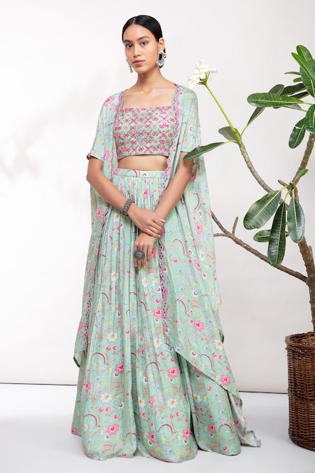 Aneesh Agarwaal Floral Print Cape Lehenga Set 