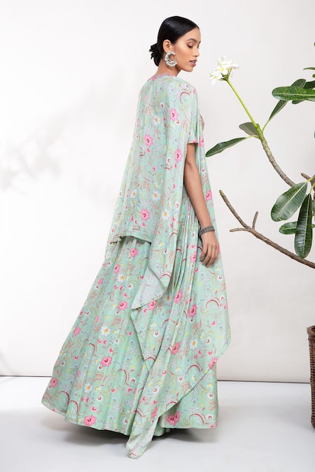Shop_Aneesh Agarwaal_Green Organza, Silk Muslin Straight Floral Print Cape Lehenga Set _at_Aza_Fashions