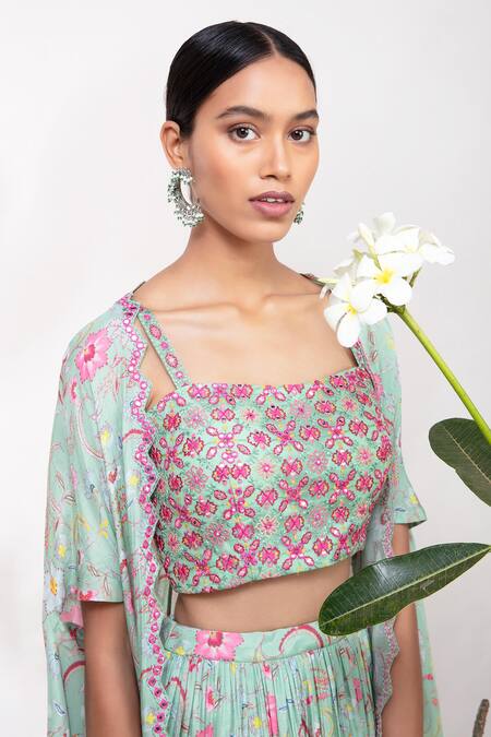 Aneesh Agarwaal_Green Organza, Silk Muslin Straight Floral Print Cape Lehenga Set _Online_at_Aza_Fashions