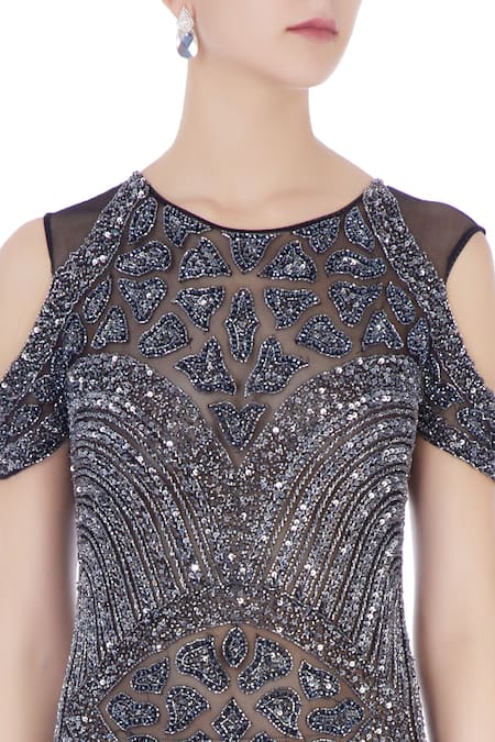 Chisel By Meghna Ramrakhiya Silver Round Cold Shoulder Gown at Aza Fashions Chisel By Meghna Ramrakhiya_Silver Round Cold Shoulder Gown _at_Aza_Fashions