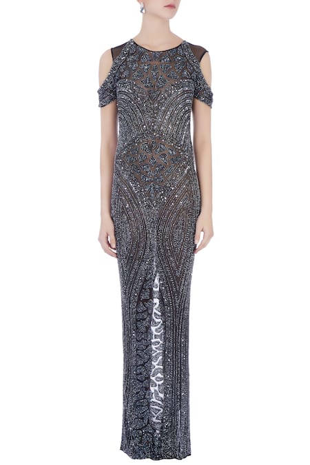 Shop Chisel By Meghna Ramrakhiya Silver Round Cold Shoulder Gown Online at Aza Fashions Shop_Chisel By Meghna Ramrakhiya_Silver Round Cold Shoulder Gown _Online_at_Aza_Fashions