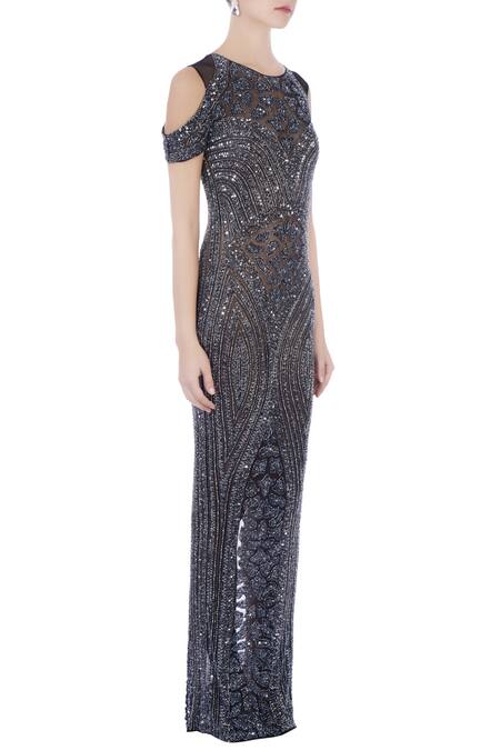 Chisel By Meghna Ramrakhiya Silver Round Cold Shoulder Gown Online at Aza Fashions Chisel By Meghna Ramrakhiya_Silver Round Cold Shoulder Gown _Online_at_Aza_Fashions