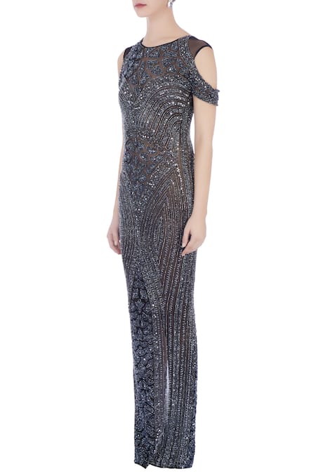 Buy Chisel By Meghna Ramrakhiya Silver Round Cold Shoulder Gown Online at Aza Fashions Buy_Chisel By Meghna Ramrakhiya_Silver Round Cold Shoulder Gown _Online_at_Aza_Fashions