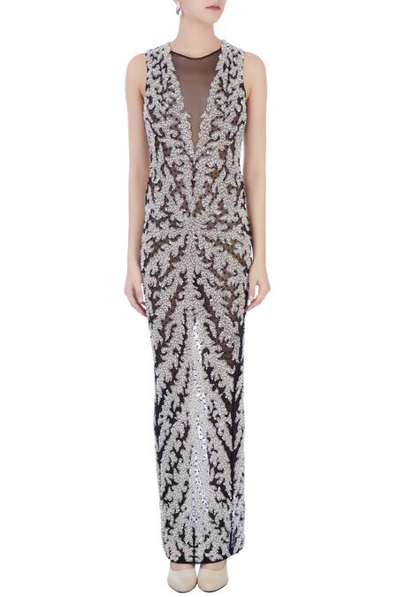 Shop_Chisel By Meghna Ramrakhiya_Black Round Embellished Gown  _Online_at_Aza_Fashions