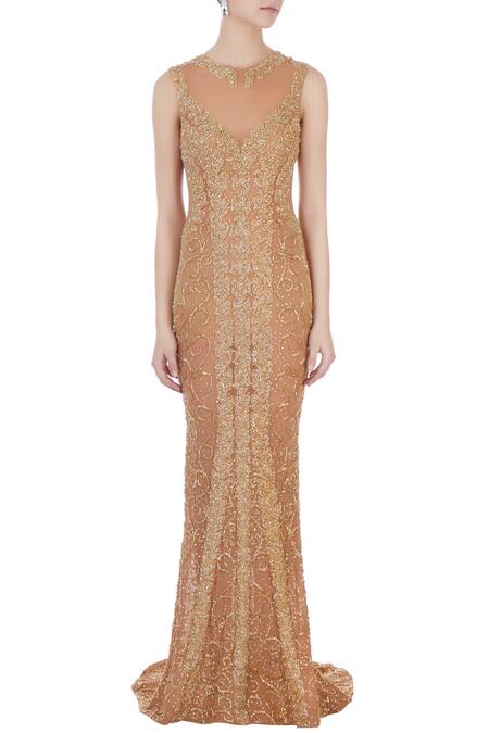 Shop_Chisel By Meghna Ramrakhiya_Gold Round Embroidered Trail Gown  _Online_at_Aza_Fashions