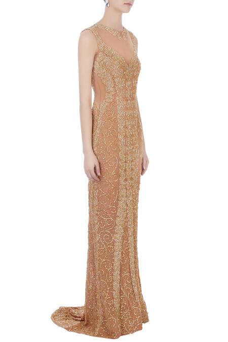 Chisel By Meghna Ramrakhiya_Gold Round Embroidered Trail Gown  _Online_at_Aza_Fashions