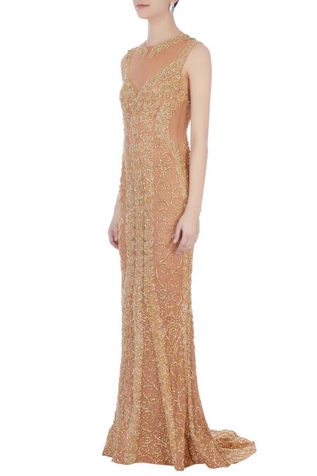 Buy_Chisel By Meghna Ramrakhiya_Gold Round Embroidered Trail Gown  _Online_at_Aza_Fashions