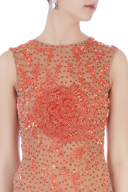 Chisel By Meghna Ramrakhiya_Beige Round Embellished Trail Gown  _at_Aza_Fashions