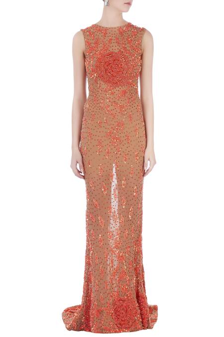 Shop_Chisel By Meghna Ramrakhiya_Beige Round Embellished Trail Gown  _Online_at_Aza_Fashions