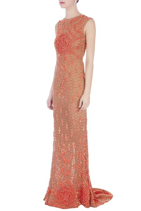 Buy_Chisel By Meghna Ramrakhiya_Beige Round Embellished Trail Gown  _Online_at_Aza_Fashions