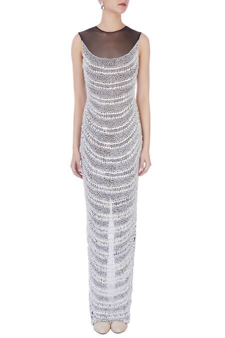 Shop_Chisel By Meghna Ramrakhiya_White Round Embellished Gown  _Online_at_Aza_Fashions