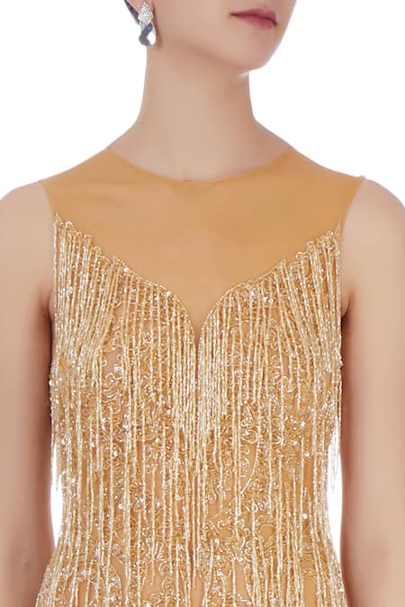 Chisel By Meghna Ramrakhiya_Gold Round Embroidered Trail Gown  _at_Aza_Fashions