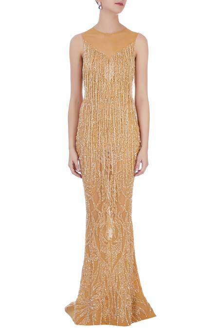 Shop_Chisel By Meghna Ramrakhiya_Gold Round Embroidered Trail Gown  _Online_at_Aza_Fashions