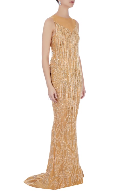 Chisel By Meghna Ramrakhiya_Gold Round Embroidered Trail Gown  _Online_at_Aza_Fashions