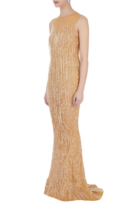 Buy_Chisel By Meghna Ramrakhiya_Gold Round Embroidered Trail Gown  _Online_at_Aza_Fashions