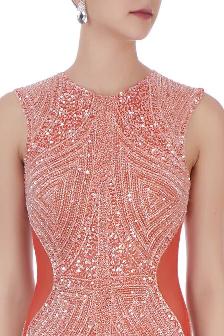 Chisel By Meghna Ramrakhiya_Orange Round Embroidered Trail Gown  _at_Aza_Fashions