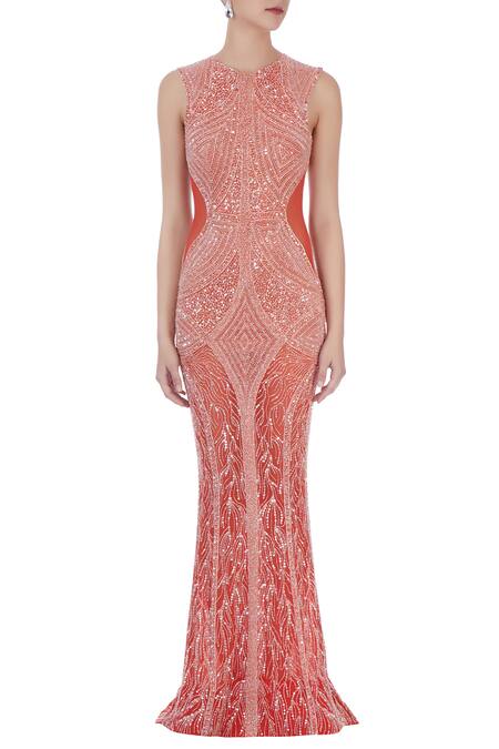 Shop_Chisel By Meghna Ramrakhiya_Orange Round Embroidered Trail Gown  _Online_at_Aza_Fashions