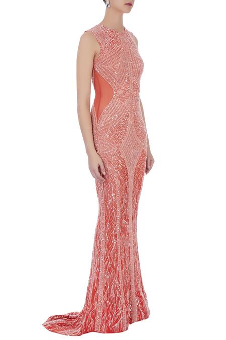 Chisel By Meghna Ramrakhiya_Orange Round Embroidered Trail Gown  _Online_at_Aza_Fashions