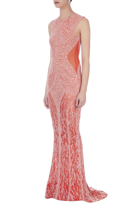 Buy_Chisel By Meghna Ramrakhiya_Orange Round Embroidered Trail Gown  _Online_at_Aza_Fashions