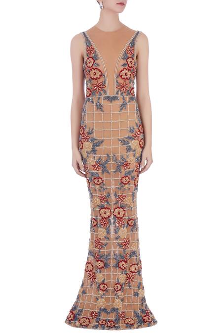 Shop_Chisel By Meghna Ramrakhiya_Beige Round Embroidered Trail Gown  _Online_at_Aza_Fashions