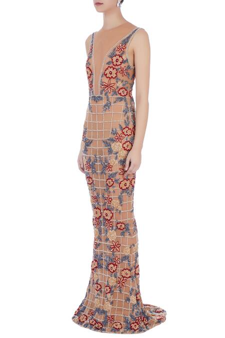 Buy_Chisel By Meghna Ramrakhiya_Beige Round Embroidered Trail Gown  _Online_at_Aza_Fashions