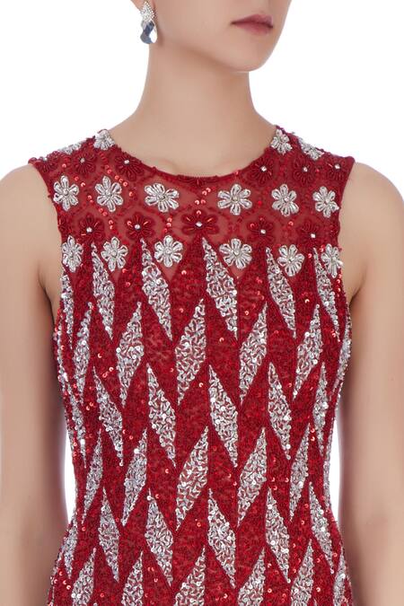 Chisel By Meghna Ramrakhiya_Red Round Embroidered Gown  _at_Aza_Fashions