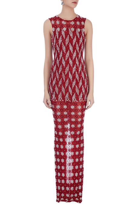 Shop_Chisel By Meghna Ramrakhiya_Red Round Embroidered Gown  _Online_at_Aza_Fashions