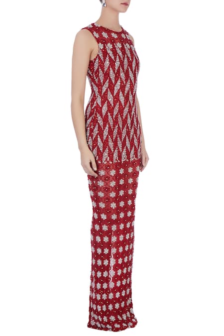 Chisel By Meghna Ramrakhiya_Red Round Embroidered Gown  _Online_at_Aza_Fashions