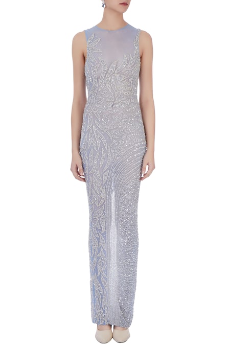 Shop_Chisel By Meghna Ramrakhiya_Blue Round Embellished Gown  _Online_at_Aza_Fashions