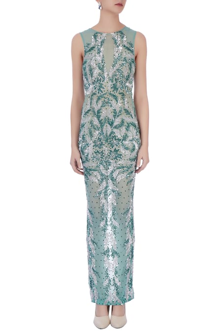 Shop_Chisel By Meghna Ramrakhiya_Green Round Embellished Gown  _Online_at_Aza_Fashions