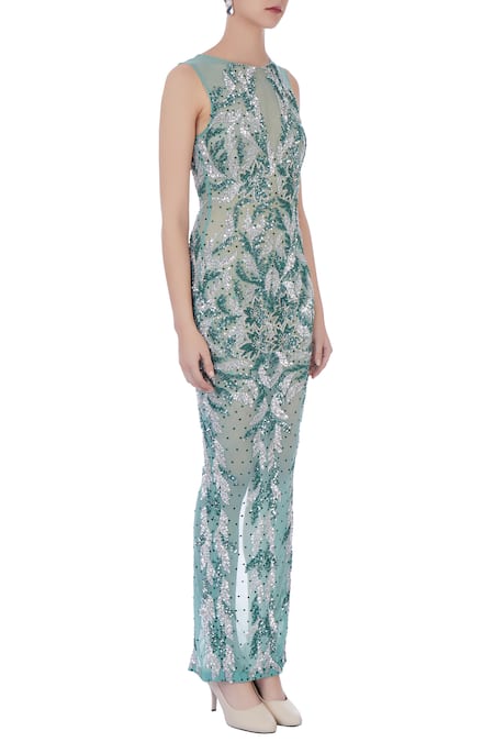 Chisel By Meghna Ramrakhiya_Green Round Embellished Gown  _Online_at_Aza_Fashions