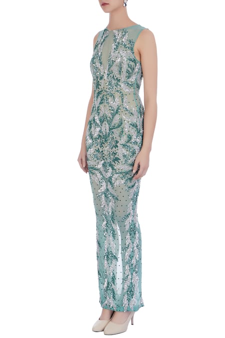 Buy_Chisel By Meghna Ramrakhiya_Green Round Embellished Gown  _Online_at_Aza_Fashions